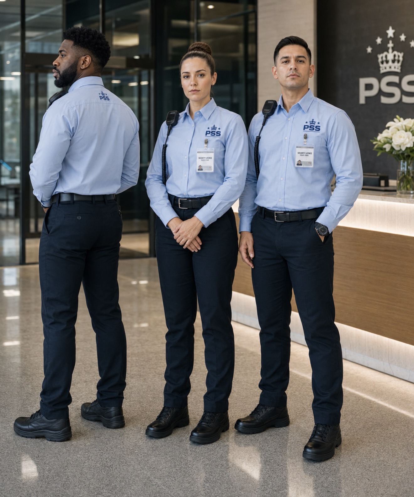 Public Security Services personnel in professional uniform at a corporate building reception